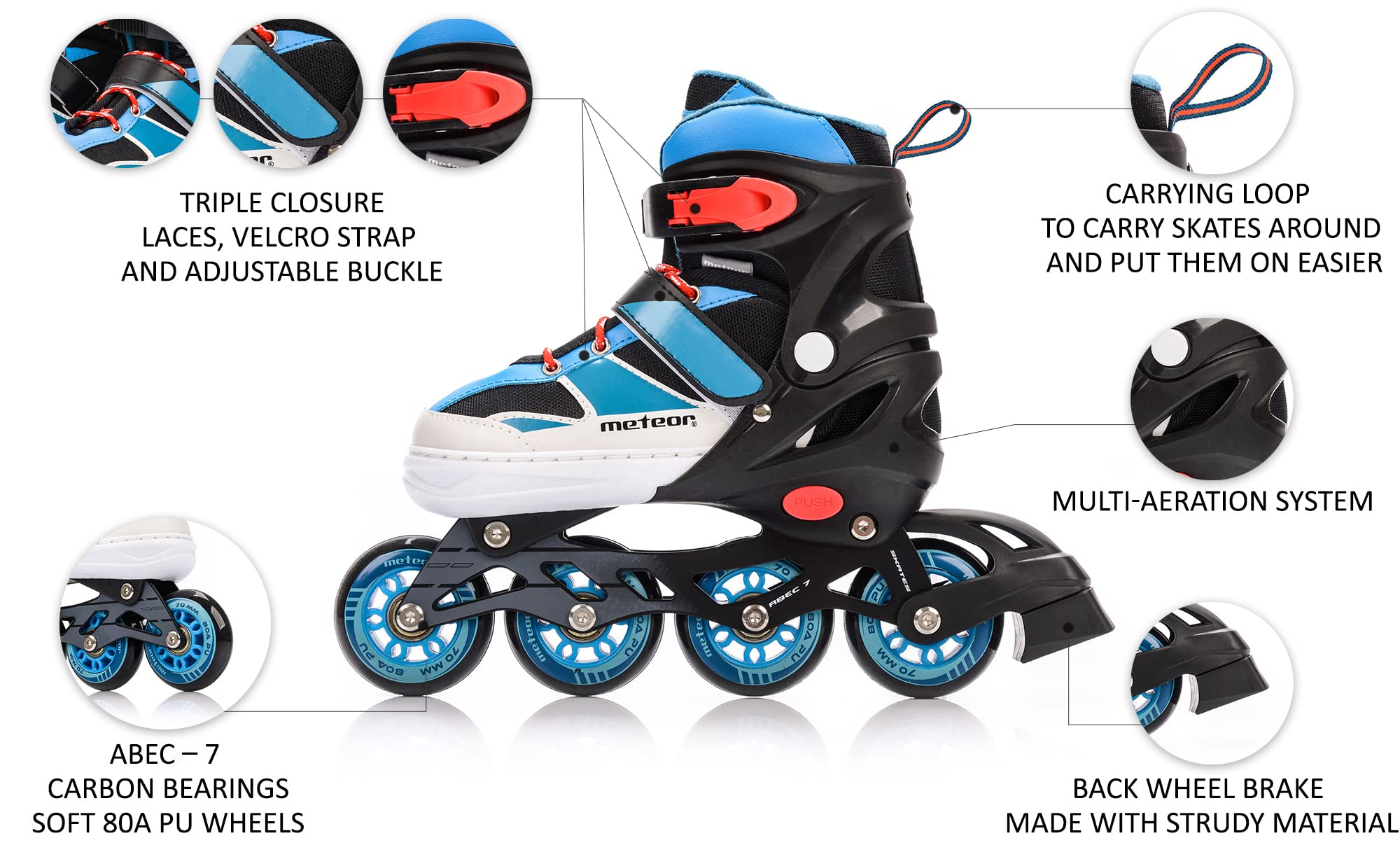 meteor Inline Skates Children's Kids Inliners Roller Skates Roller Blades ABEC 7 Carbon Children's Inline Skates Adjustable Shoe Size (Blue, S 30-33)