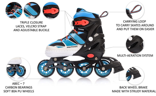 meteor Inline Skates Children's Kids Inliners Roller Skates Roller Blades ABEC 7 Carbon Children's Inline Skates Adjustable Shoe Size (Blue, S 30-33)