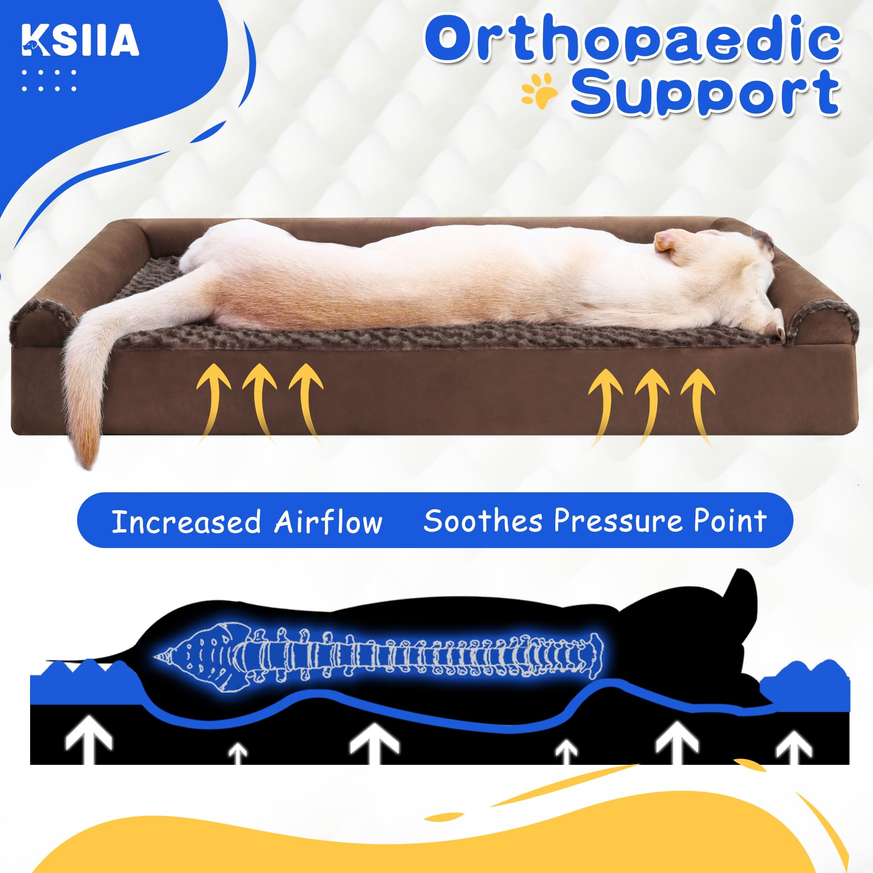 KSIIA Large Dog Bed, Orthopedic Dog Sofa Beds Couch with Removable Washable Cover, Waterproof Pet Sofa with U-Shape Bolster, Grey 88.9x55.88x16cm