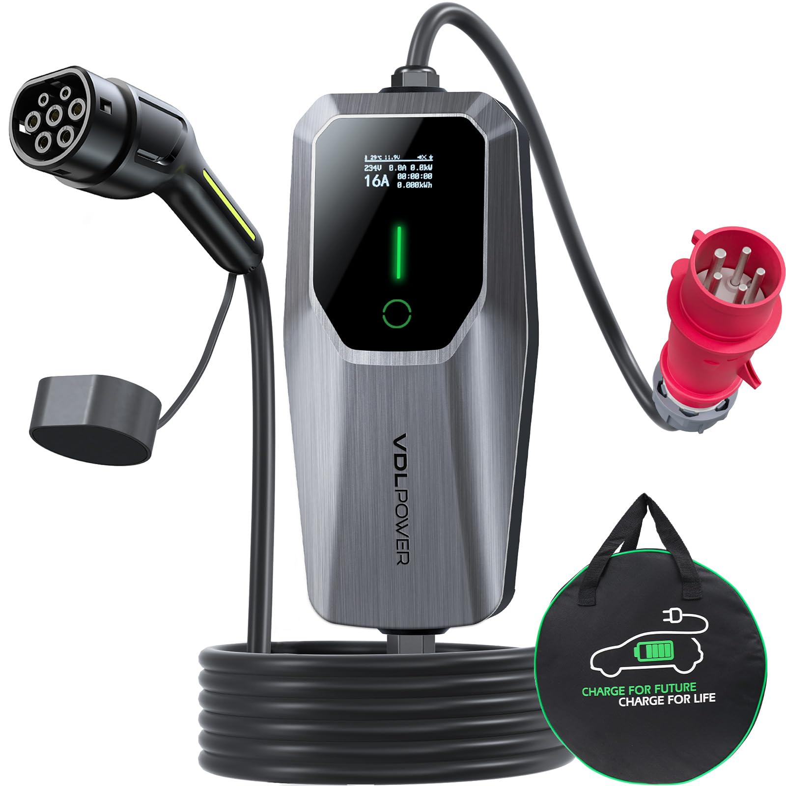 VDLPOWEREU EV Charger 3.6kw, 6A/8A/10A/13A Variable, 3Pin Home Electric Car Charger Cable Type 2, 5 Metres Single-phase Charger with LED Display& Carry Bag, IP65 Waterproof