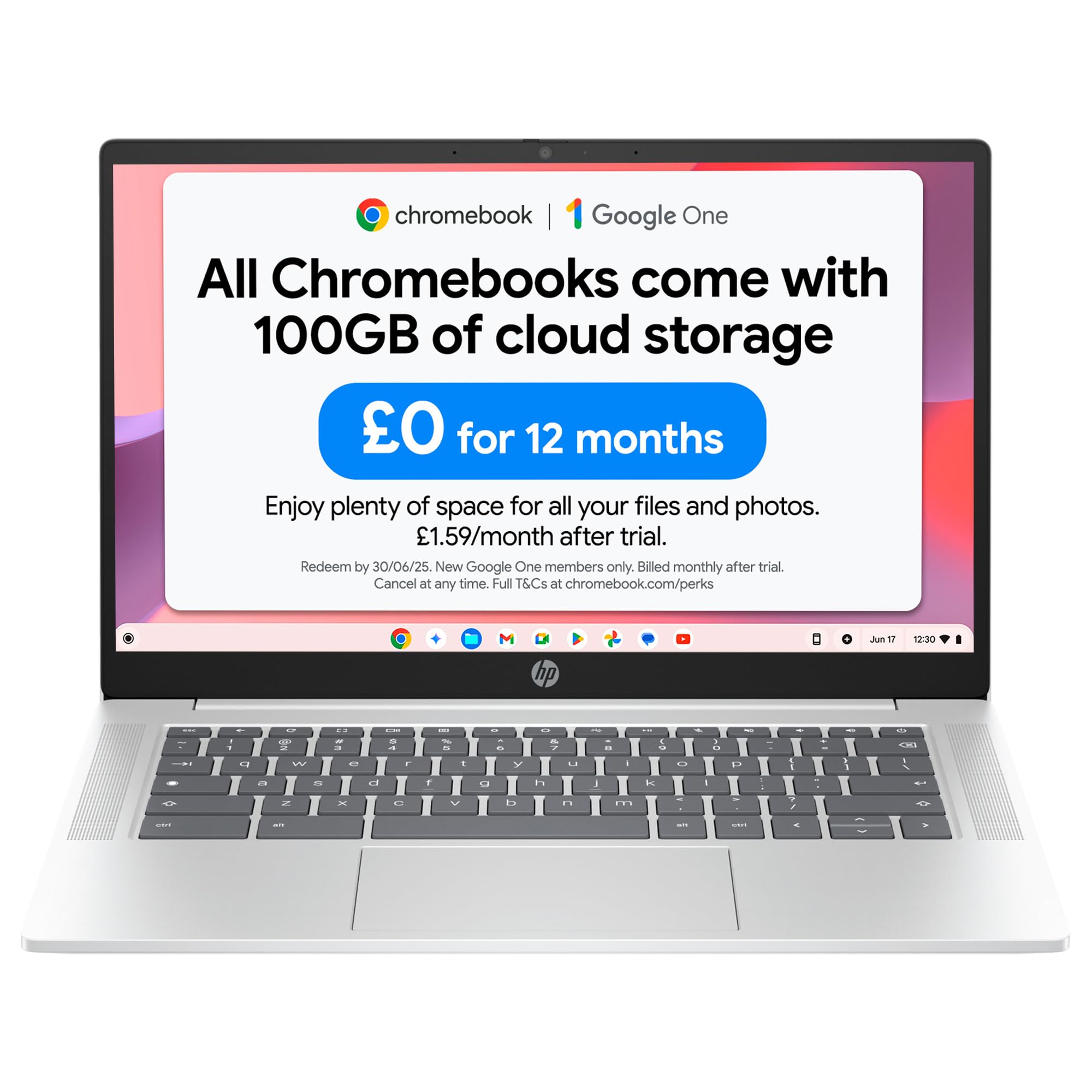 HP Chromebook 14" | Intel Processor N100 Processor| 4 GB RAM | 128 GB Flash Storage | Intel UHD Graphics | HD Display | Up to 12hrs battery | Chrome OS | Dual Speakers | Glacier Silver | 14a-nf0002sa