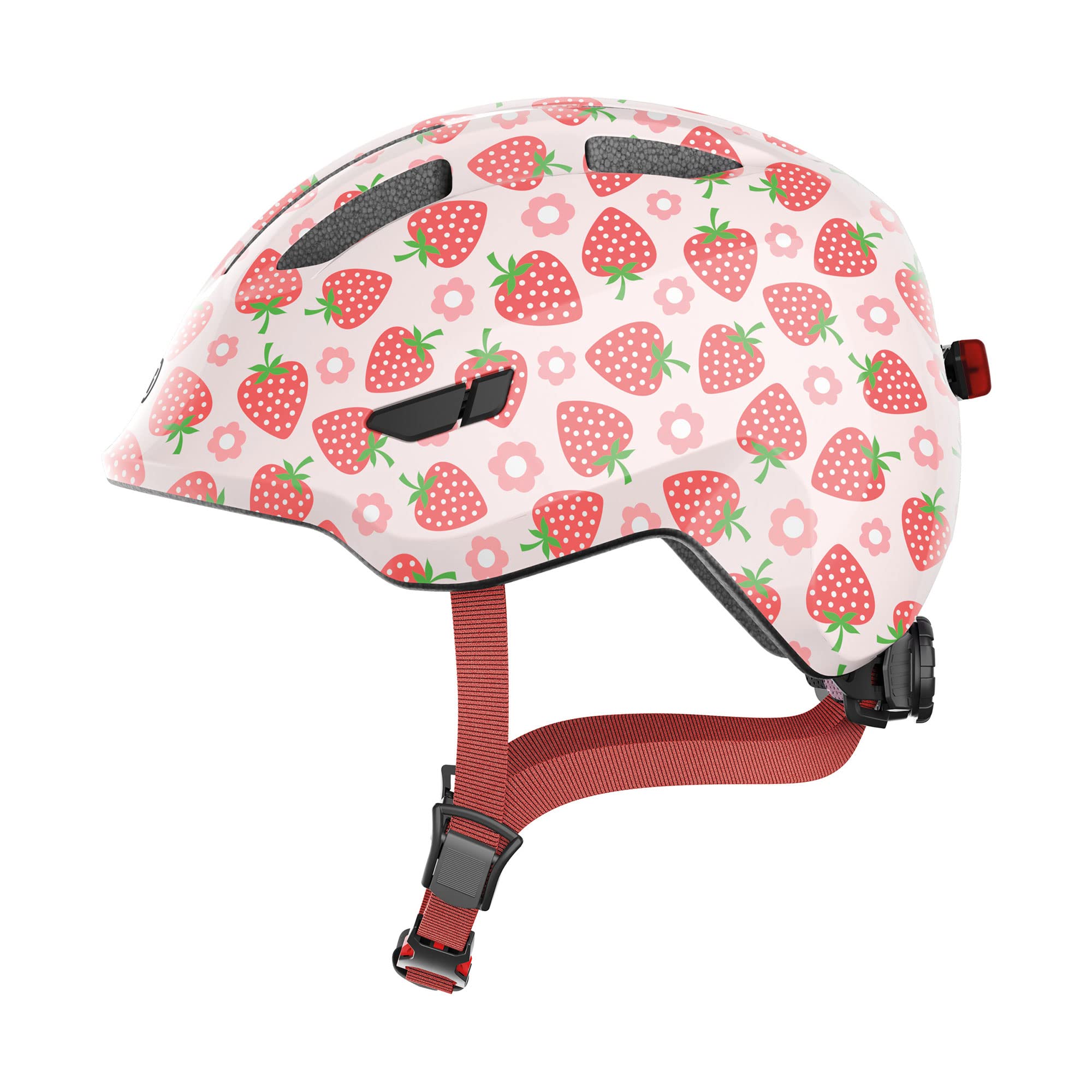ABUS children's helmet Smiley 3.0 LED - bike helmet with light - deep fit and space for a pigtail - for girls and boys - pink with strawberry pattern,
