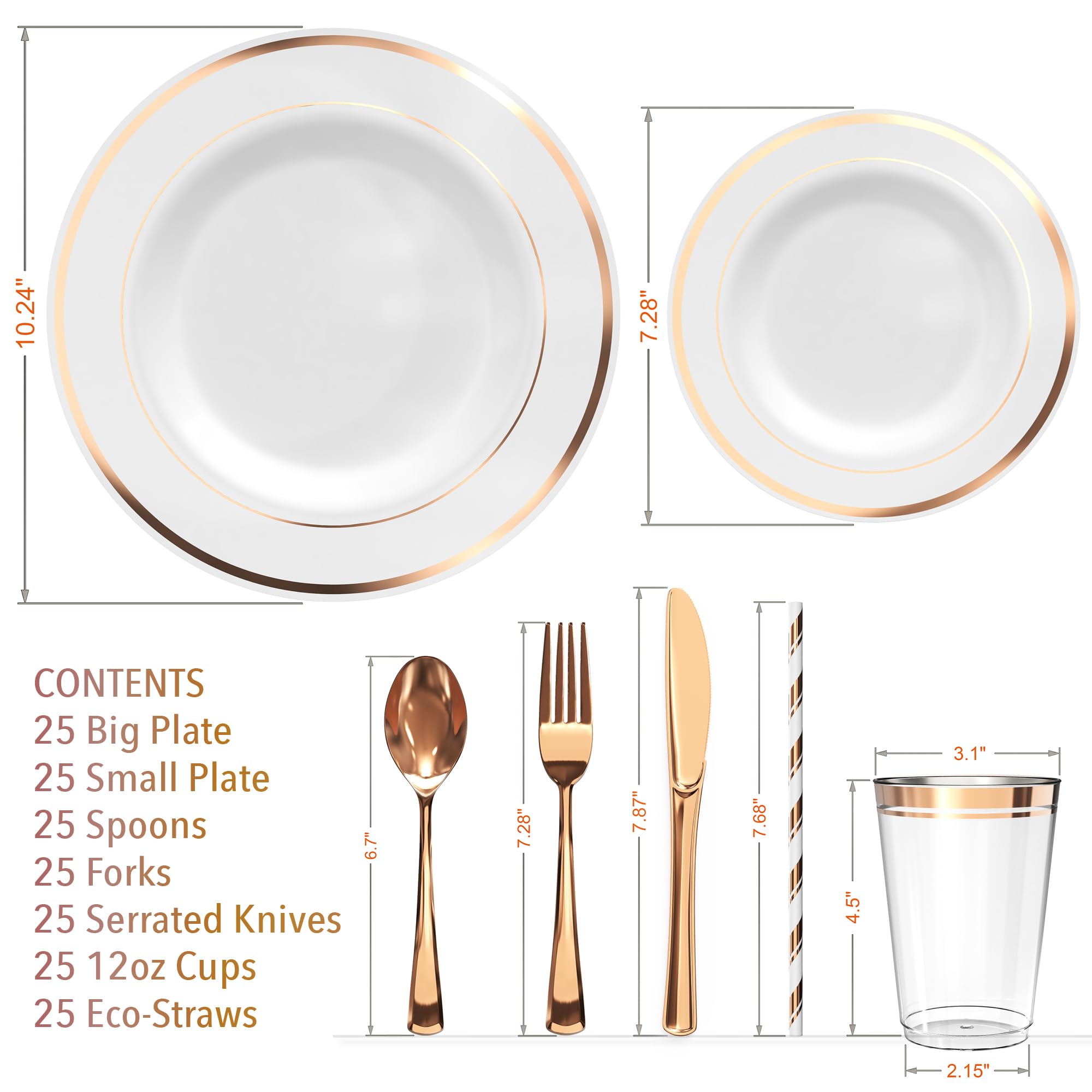 DLux 175 Pieces Rose Gold Plastic Dinnerware Set for 25 Guests, (25 Forks, Knives, Spoons, Cups, Straws, Salad & Dinner Plates) for Wedding and Party,