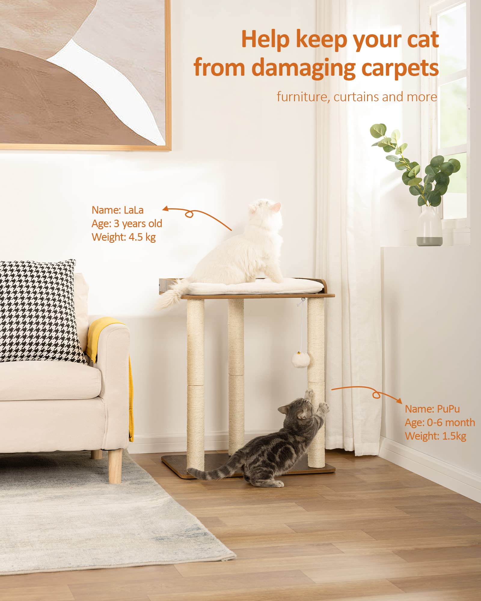 FourFurPets Cat Scratching Post 68 cm High with Three 60 cm Full Sisal Scratching Posts 56 x 40 cm Platforms Vintage Brown