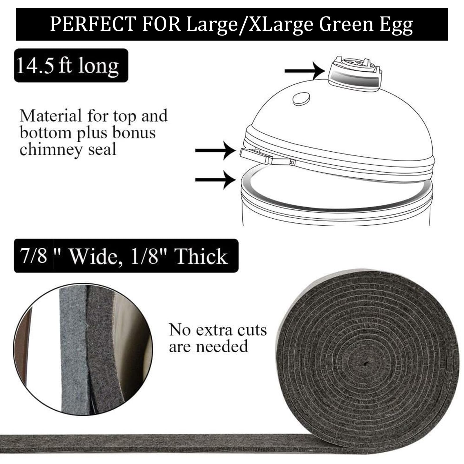 KAMaster High Temp Grill Gasket Replacement Fit Large/XLarge Big Green Egg BBQ Smoker Gasket Pre-Shrunk Accessories Self Stick Felt 14ft Long, 7/8"