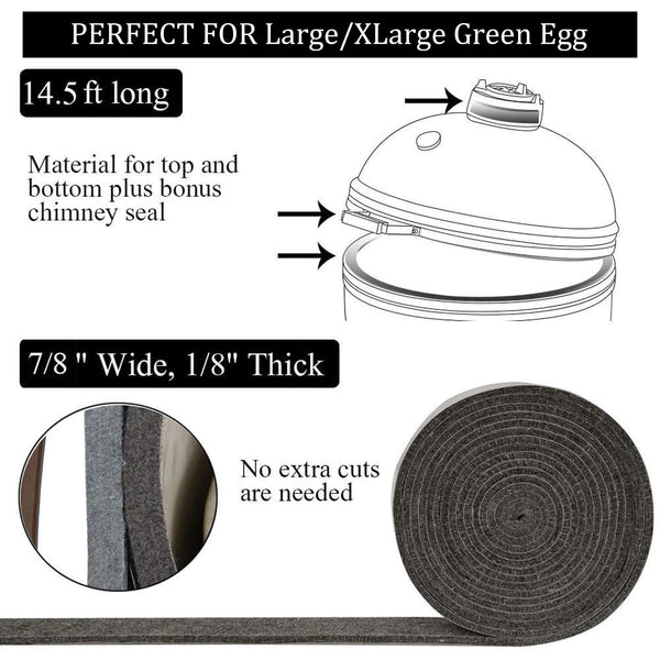 KAMaster High Temp Grill Gasket Replacement Fit Large/XLarge Big Green Egg BBQ Smoker Gasket Pre-Shrunk Accessories Self Stick Felt 14ft Long, 7/8"