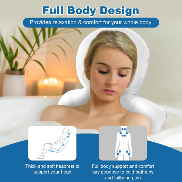 Full Body Bath Pillow, Luxury Bath Cushion with 192 Suction Cups, Bath Pillows for Tub for Head and Neck Support, with Laundry Bag White, 51" x 16"
