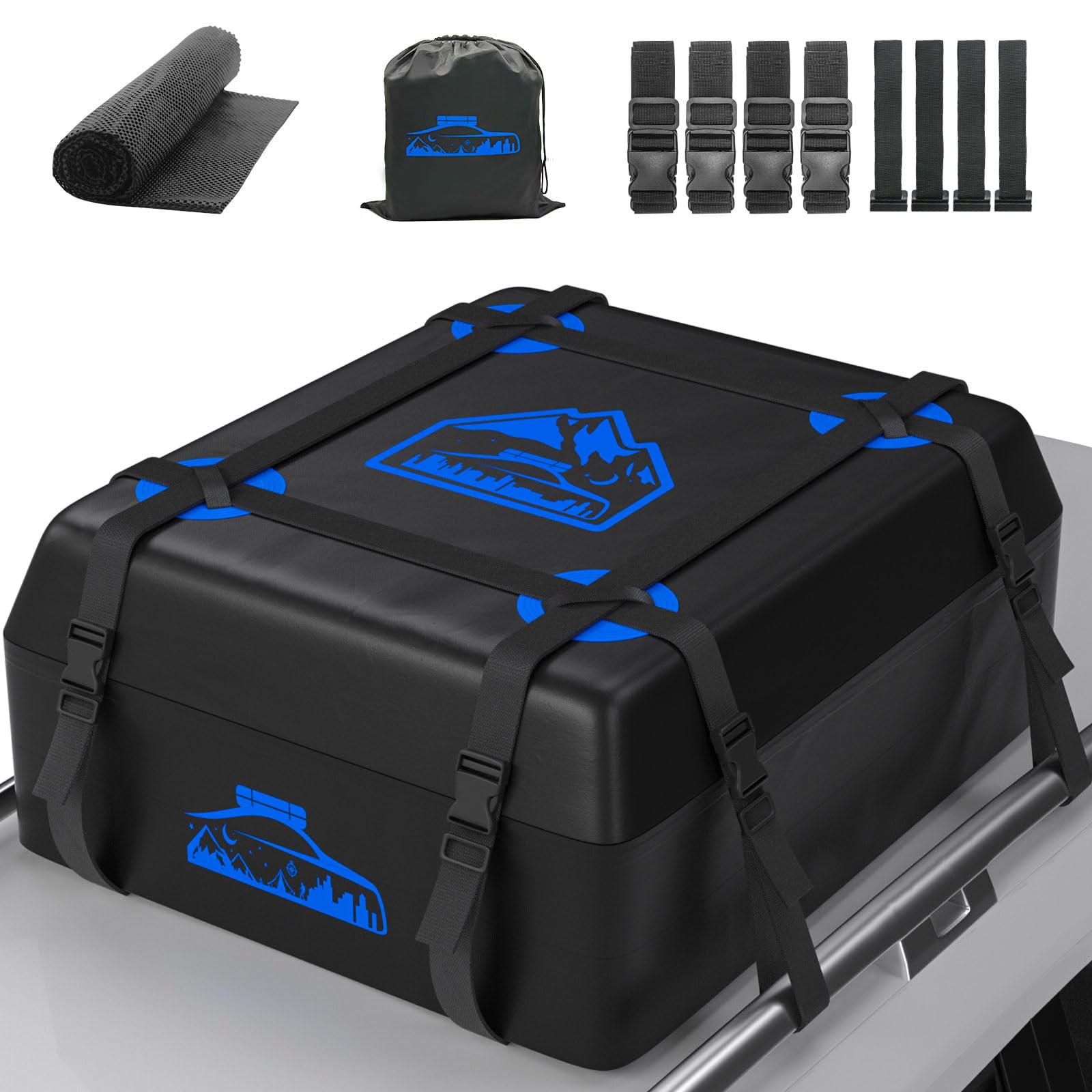 BOYUJK Car Roof Bag - 20 Cubic/566L, Waterproof, No Rack Needed, Anti-Slip Mat & 6 Heavy-Duty Straps, Folding Soft Roof Box (Blue, 566L)