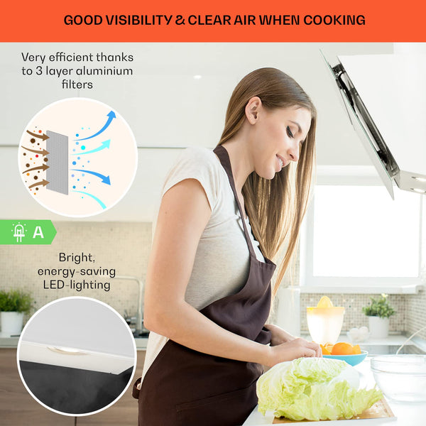 Klarstein Alina 90 Angled Cooker Hood - 600m³/h Air Flow, Touch Panel, LED Backlighting, Quiet 63dB, Energy Class A, 90cm Extractor Hood, Black