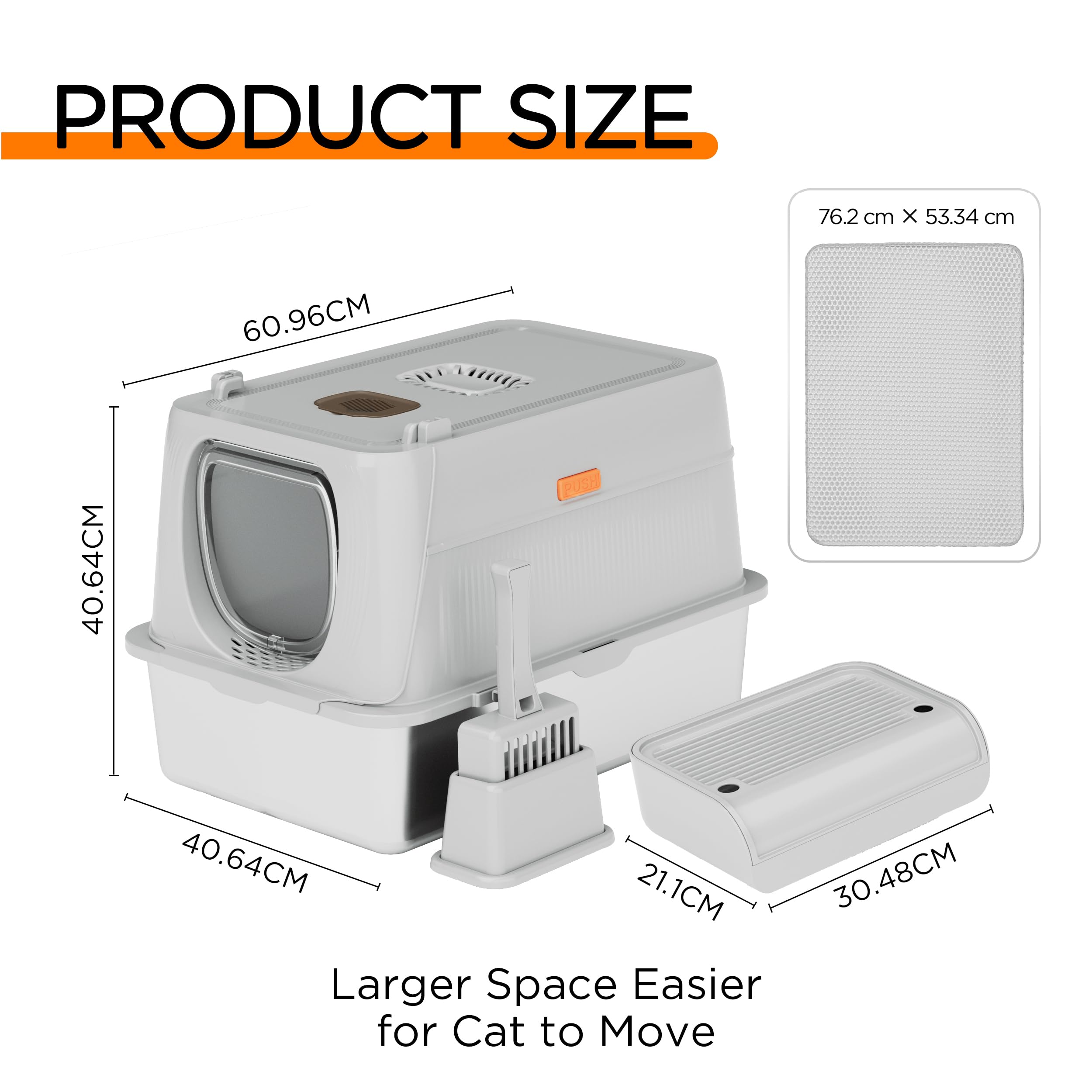 Citylife XL Stainless Steel Cat Litter Box with Lid, Extra Large Enclosed Removable Metal Litter Tray with Litter Scoop&Double Layer Litter Mat, Non-Sticky, Non-Odor, Easy Cleaning, for Big Cats