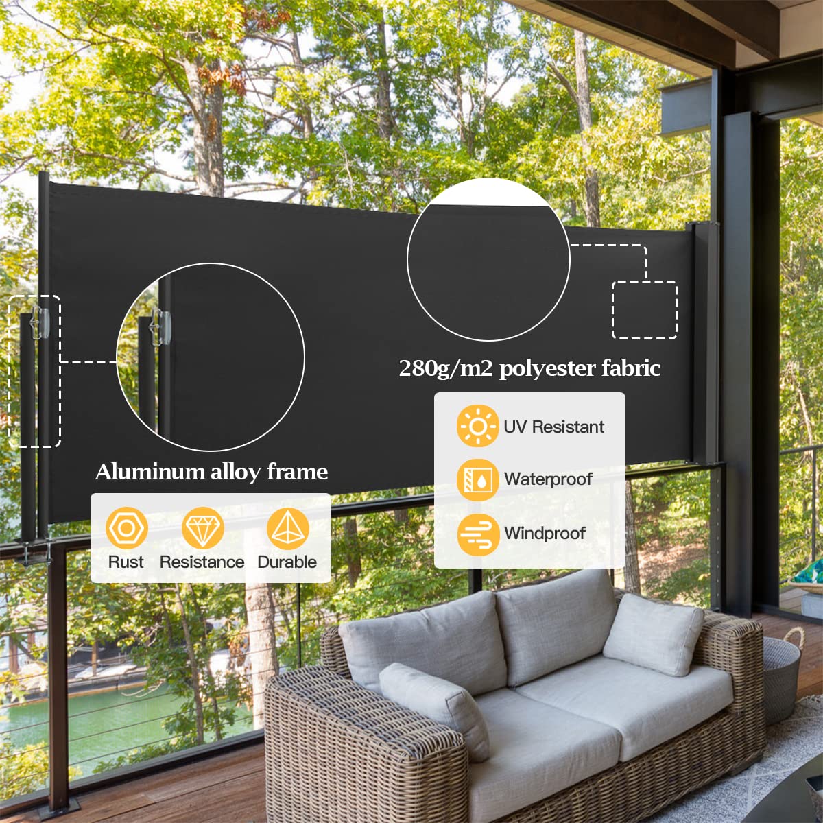 The Fellie Dark Grey Retractable Side Awning, Wind, UV Protection and Weatherproof PU Coating for Outdoor Privacy Screen for Garden, Balcony, Terrace, 140 x 300 cm