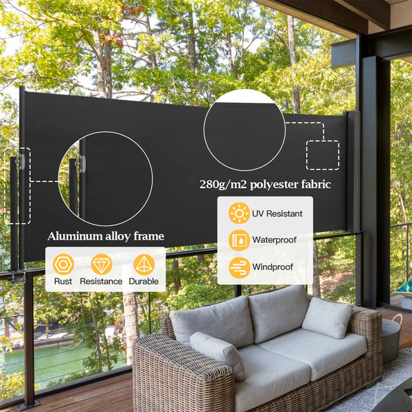 The Fellie Dark Grey Retractable Side Awning, Wind, UV Protection and Weatherproof PU Coating for Outdoor Privacy Screen for Garden, Balcony, Terrace, 140 x 300 cm