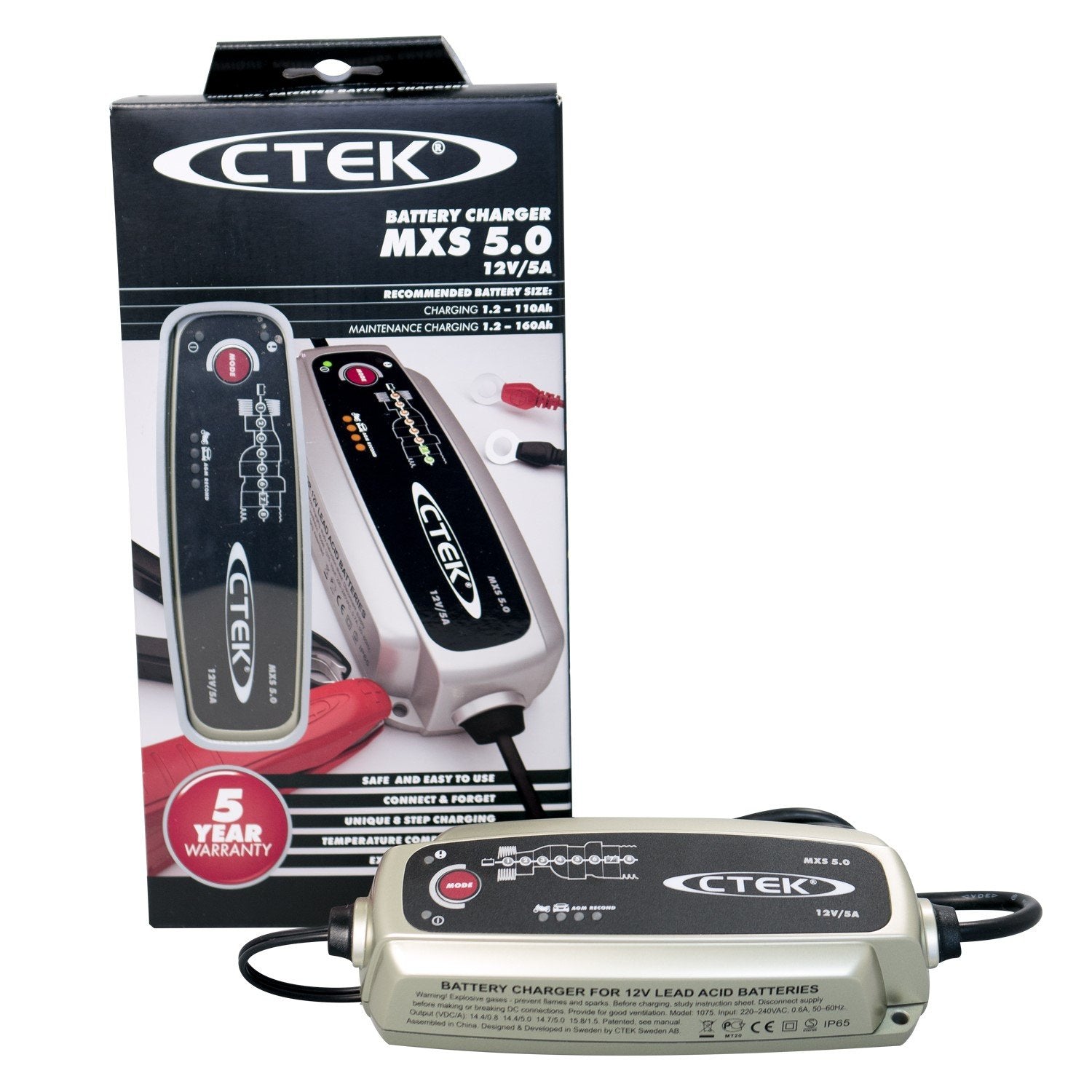 CTEK MXS 5.0 Battery Charger with Automatic Temperature Compensation, Black