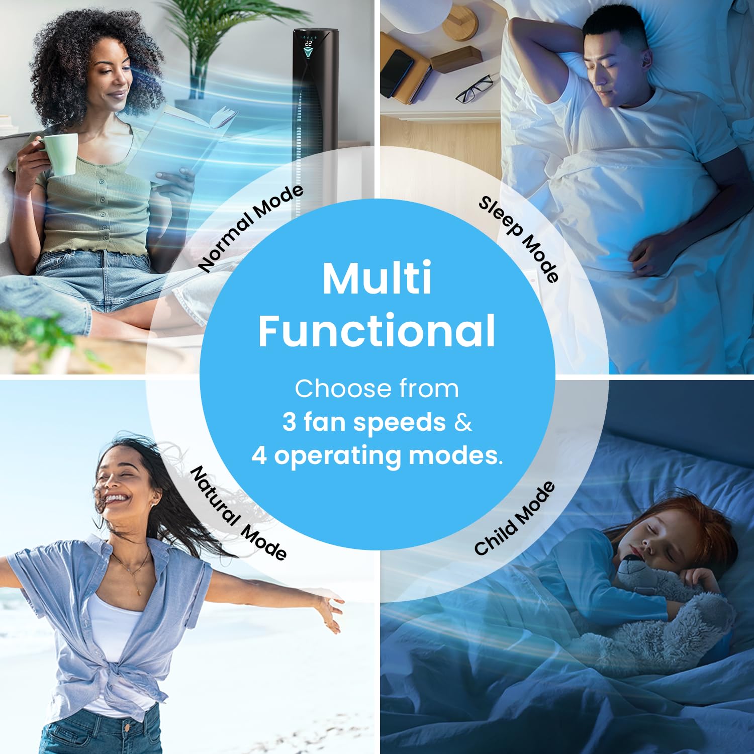 Pro Breeze Bladeless Tower Fan Quiet & Portable with Remote Control, 90° Oscillation, 15h Timer, 4 Modes, 3 Speeds - Powerful Electric 45W Motor Standing Air Circulator for Bedroom & Office