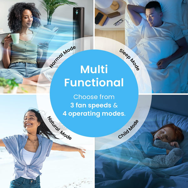 Pro Breeze Bladeless Tower Fan Quiet & Portable with Remote Control, 90° Oscillation, 15h Timer, 4 Modes, 3 Speeds - Powerful Electric 45W Motor Standing Air Circulator for Bedroom & Office