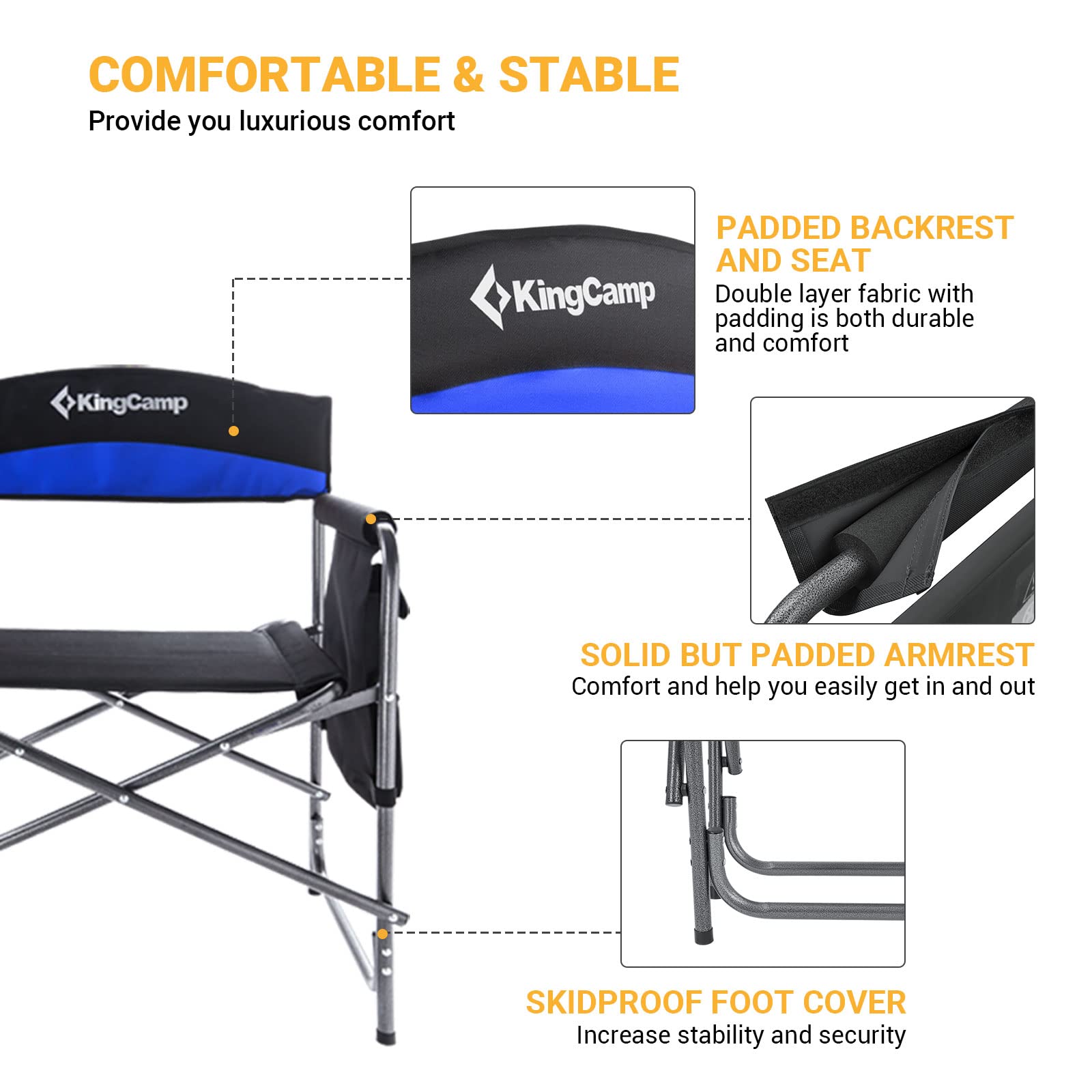 KingCamp Folding Camping Chairs for Adluts Heavy Duty Directors Chair with Cooler Bag and Side Table Support up to 150KG