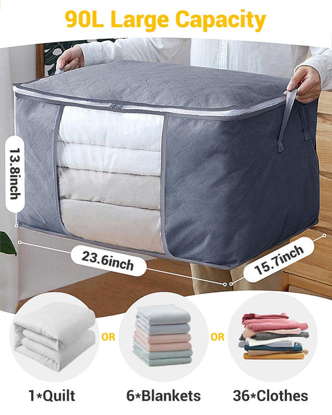 KALAHOL 90L Large Capacity Clothes Storage Bags with Zips, Storage Boxes with Lids, Reinforced Handle, Foldable, Thick Fabric, for Comforters, Clothes, Blankets, Bedding, 4 Pack, Dark Grey