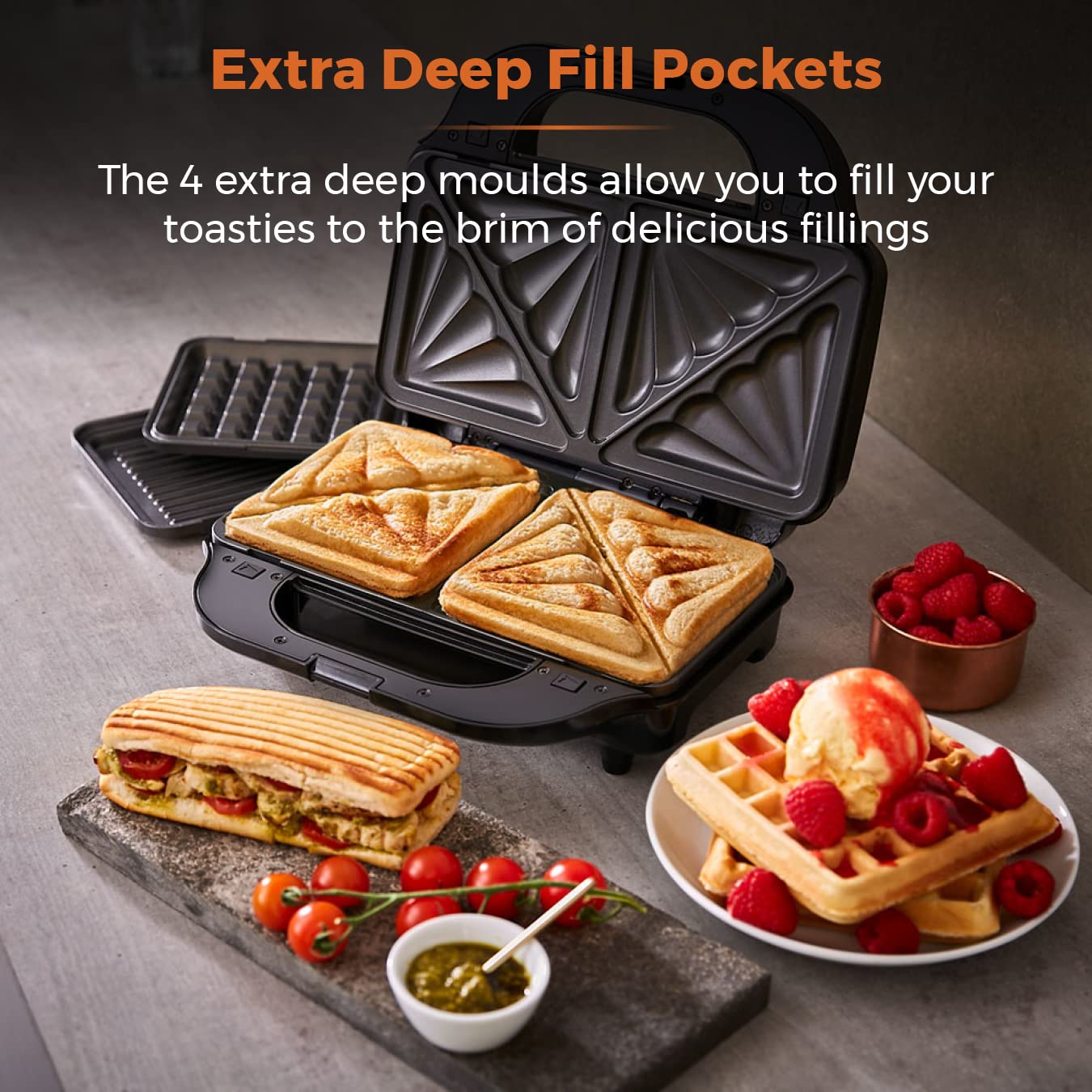 Tower T27032 3-in-1 Deep Filled Snack Maker with Non-Stick Coated Plate and Automatic Temperature Control, 900W, Stainless Steel