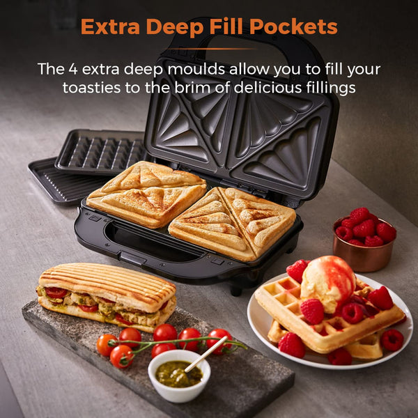 Tower T27032 3-in-1 Deep Filled Snack Maker with Non-Stick Coated Plate and Automatic Temperature Control, 900W, Stainless Steel