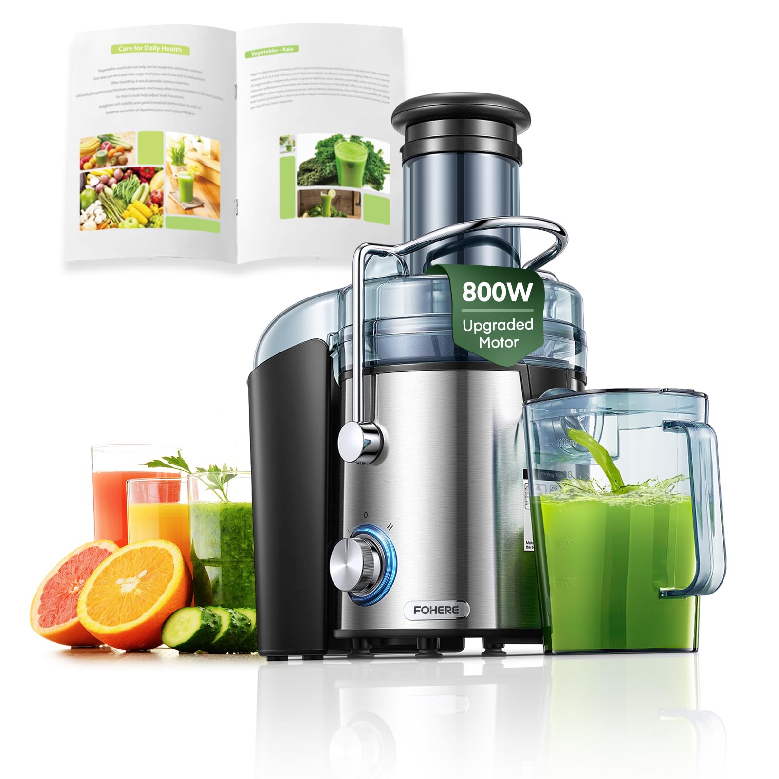 Juicer Machines, FOHERE 800W Juicer Whole Fruit and Vegetables, Quick Juicing Easy to Clean, 75MM Large Feed Chute, Dual Speed Setting and Non-Slip
