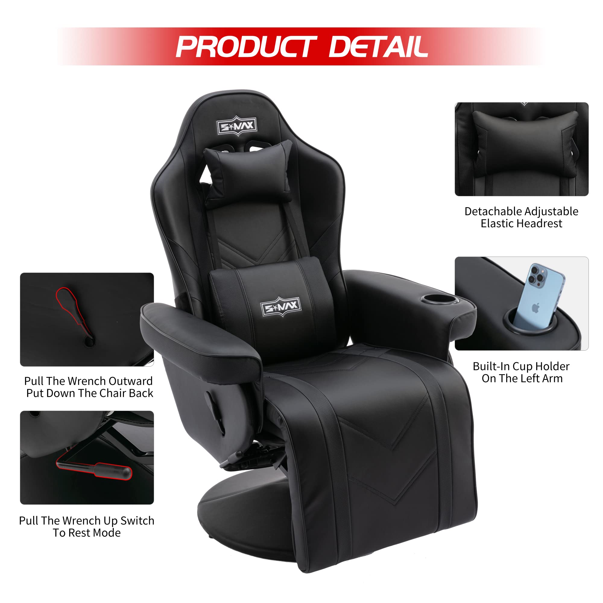 S*MAX Gaming Chair Recliner Height Adjustable Ergonomic Higher Back and Wider Lumbar Support Swivel PU Leather Gaming Chair with Footrest Cup Holder Gamer Chairs for Adults Black X Large