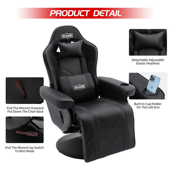 S*MAX Gaming Chair Recliner Height Adjustable Ergonomic Higher Back and Wider Lumbar Support Swivel PU Leather Gaming Chair with Footrest Cup Holder Gamer Chairs for Adults Black X Large