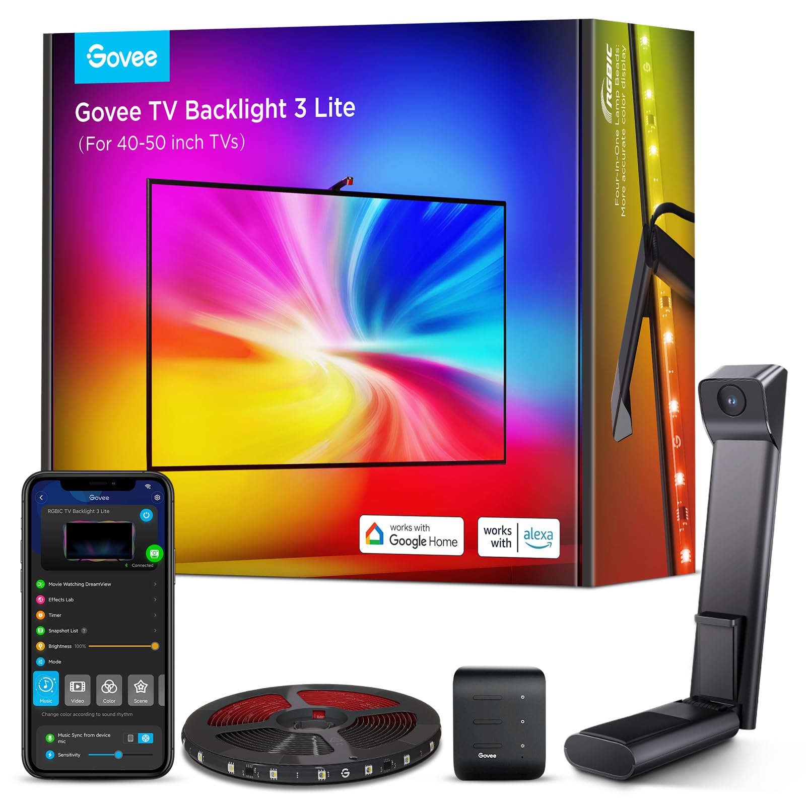 Govee TV Backlight 3 Lite with Fish-Eye Correction Function Sync to 55-65 Inch TVs, 3.6m RGBICW Wi-Fi TV LED Backlight with Camera, 4 Colours in 1 Lamp Bead, Voice and APP Control, Adapter