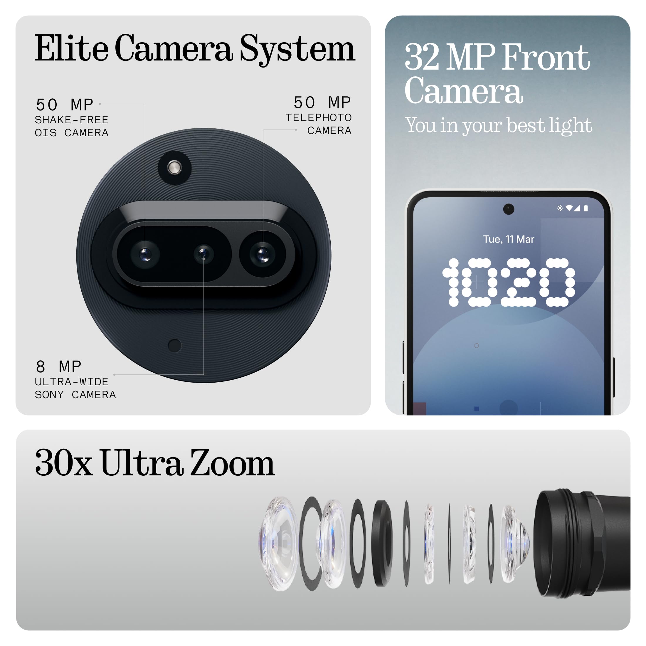 Nothing Phone (3a) 128 GB - mobile phone with 32 MP front camera, 30x ultra zoom - White + Nothing Ear (a) White