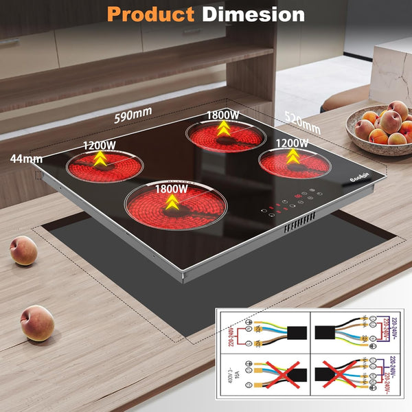 Cooksir Electric Hob 60cm, Ceramic Hob 4 Ring 6700W, Electric Hob 4 Zone with Expandable Dual and Oval Zone, Built-in Hob with Frame, Timer, Safety Lock, 220-240V(No Plug)