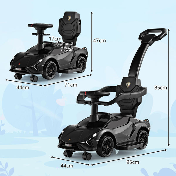 GYMAX 3 in 1 Kids Ride on Push Car, Licensed Lamborghini Push Along Car with Handle, Guardrails, USB Port, Music & Lights, Underneath Storage, Toddler Sliding Toy for 18-60 Months Boys Girls (Black)