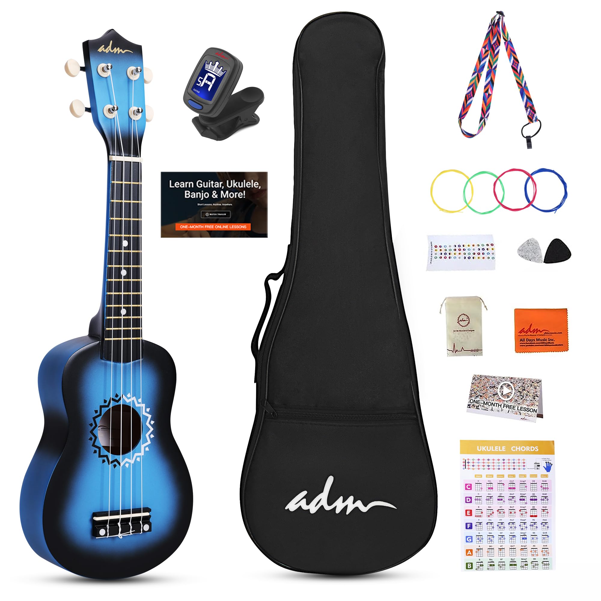 ADM Soprano Ukulele Set for Kids and Beginners, Ukulele Starter Kit with Bag, Clip-On Tuner, Rainbow Strings, Colourful Strap, Plectrum, Fingerboard Sticker, Chord Card (Dark Blue)