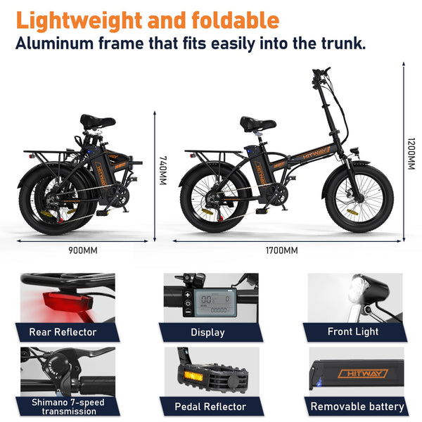 HITWAY Electric Bike for Adults, 20"*3.0 Fat Tire E-Bike 250W Electric Bicycle, Folding Electric Bike, 36V/12Ah Removable Battery, Range 35-90KM, 7-Speed Mountain E Bike for Men Women