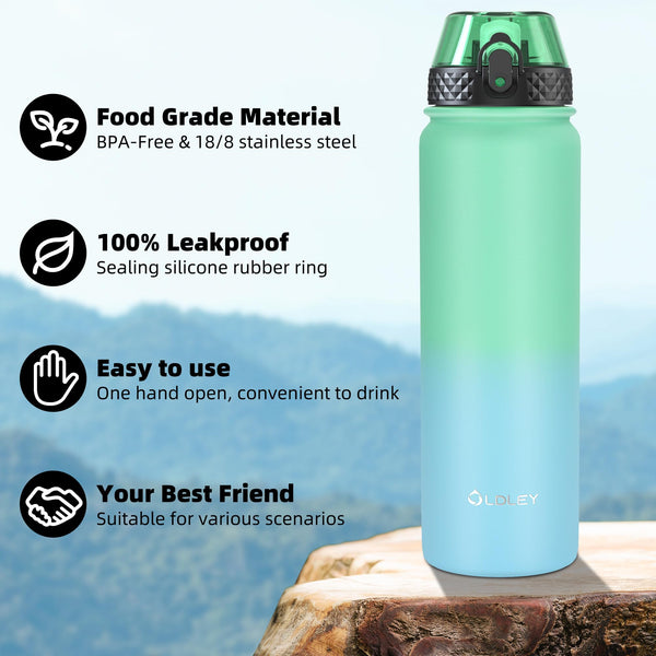 OLDLEY Stainless Steel Water Bottle with Straw 1L Vaccum Insulated Large Drink Flask Metal Water Bottles 1 Litre Leakproof Keep Drinks Hot Cold for Sports Gym with Different Lids(Purple Green, 3 Lids)