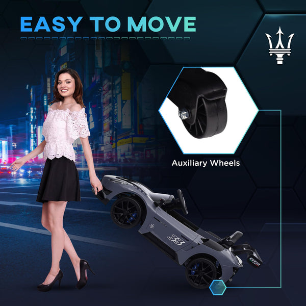 AIYAPLAY Maserati GT2 Licensed 12V Electric Car for Kids, Kids' Electric Ride on with Suspension System, Remote Control, USB, Music, Horn, Lights, Auxiliary Wheels, for Ages 3-5 Years, Grey