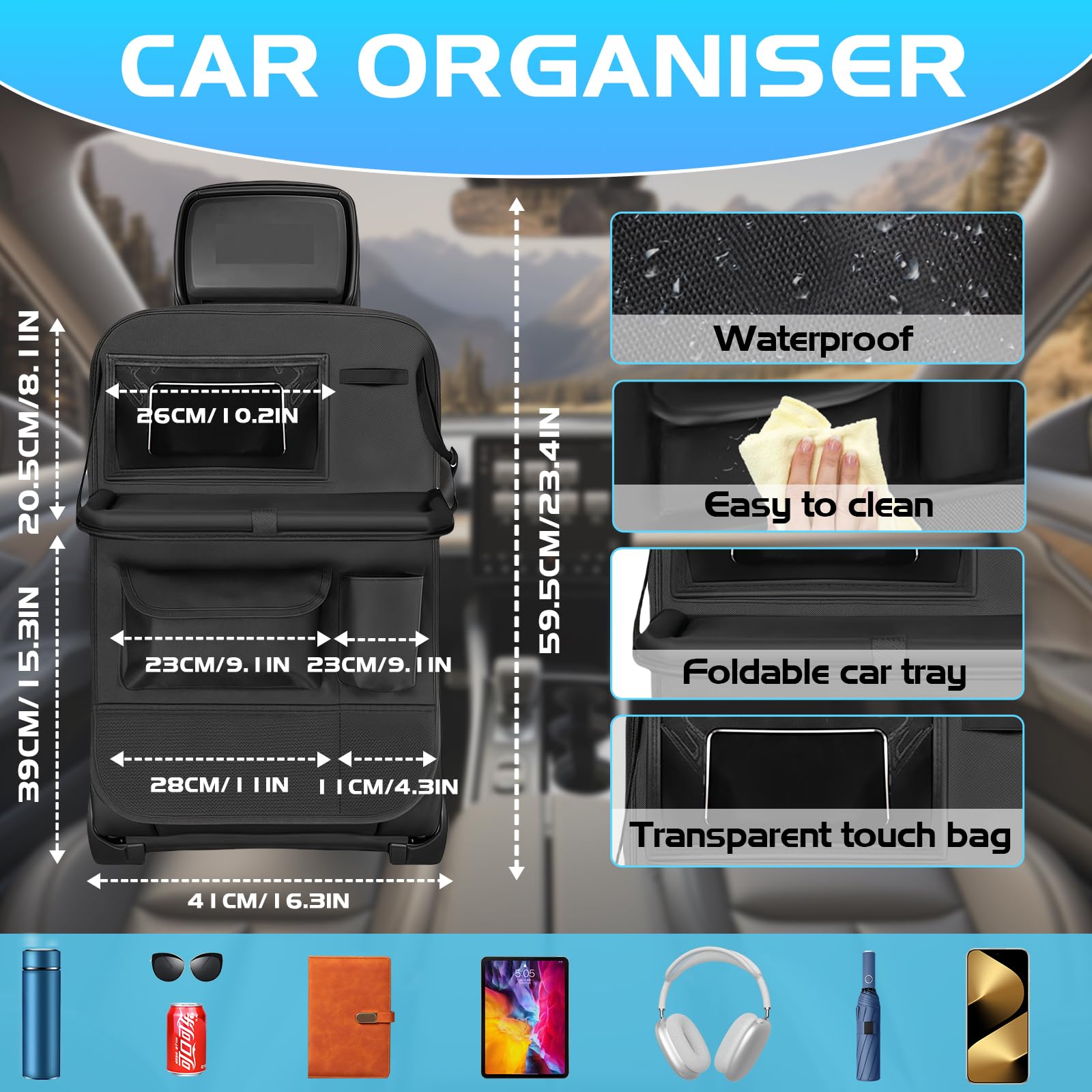 Resszo Car Organiser,Car Seat Organiser for Kids with Tablet Holder, Multifunctional WaterProof Back Seat Protector with 10.5 iPad Foldable Tray Table, 6 Pockets Toy Storage