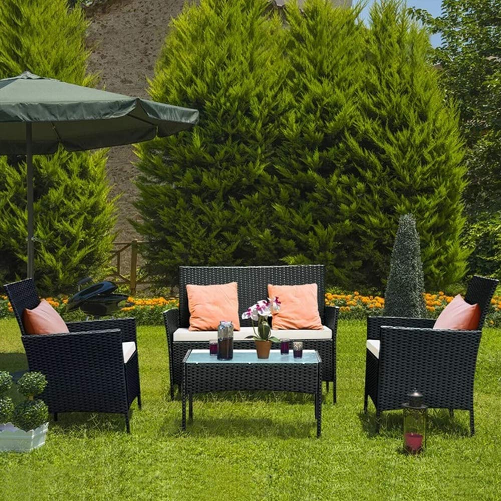 bigzzia Rattan Garden Furniture Set, 4 piece Patio Rattan furniture sofa Weaving Wicker includes 2 Armchairs,1 Double seat Sofa and 1 table (Black)