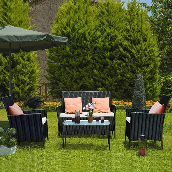 bigzzia Rattan Garden Furniture Set, 4 piece Patio Rattan furniture sofa Weaving Wicker includes 2 Armchairs,1 Double seat Sofa and 1 table (Black)