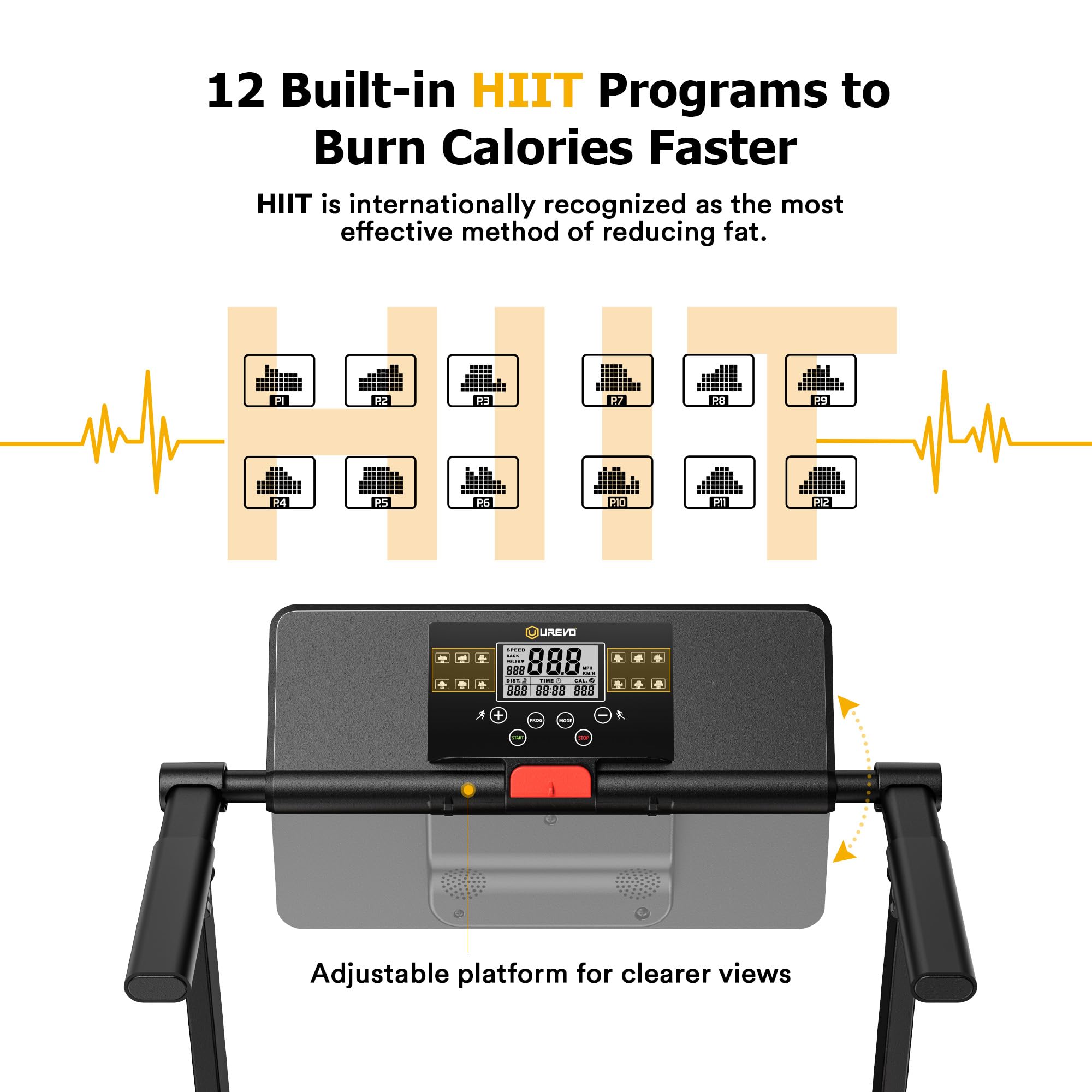 UREVO Treadmills for Home Foldable with 12 HIIT Modes, 1-10 KM/H Walking Pad Running Machine, Compact Portable Folding Treadmill with LCD Display, Full Exercise - Aerobic and Anaerobic Balance