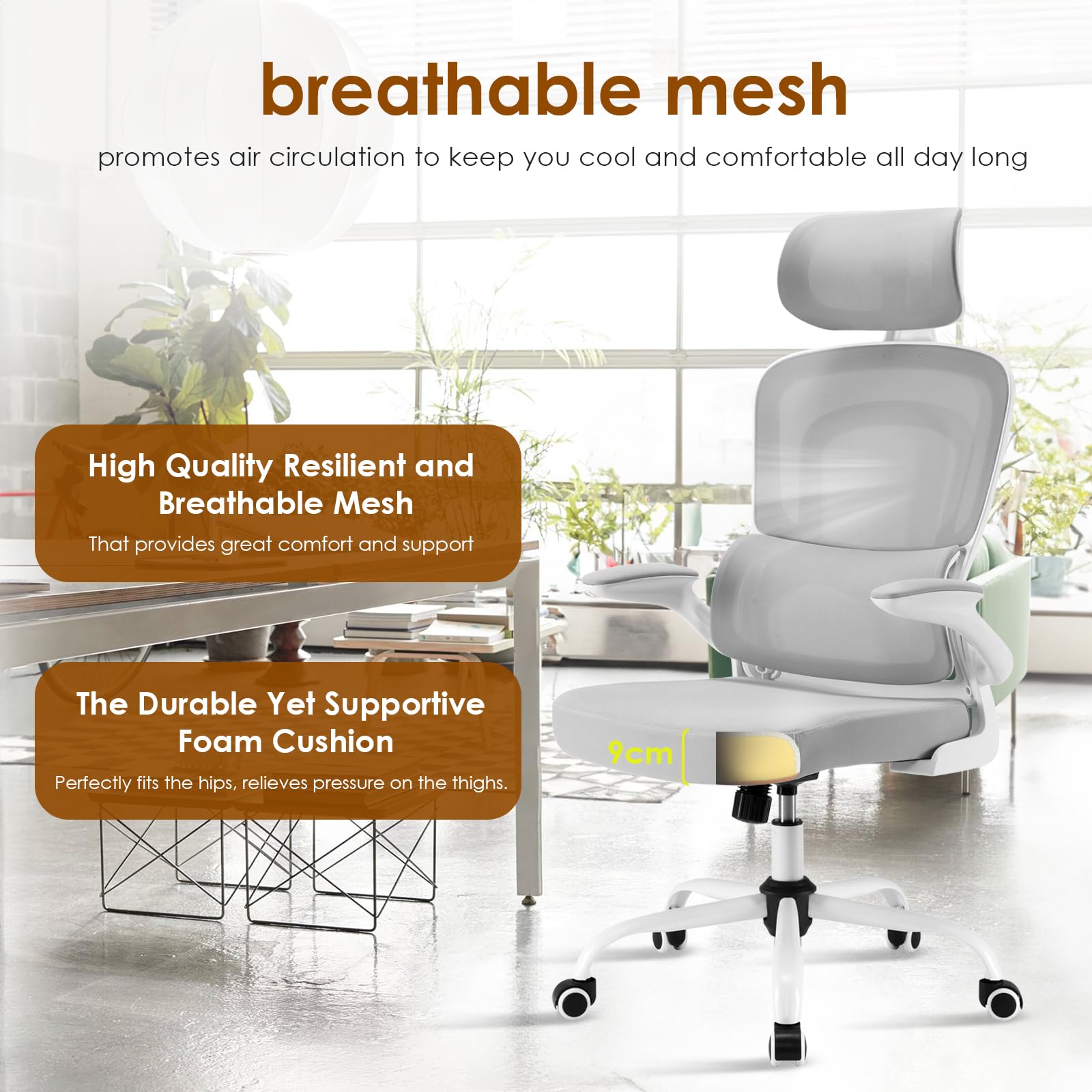 Farini Office Desk Chair with Flip-Up Armrest, High Back Ergonomic Computer Chair with Adjustable Headrest and Lumbar Support for Home and Office