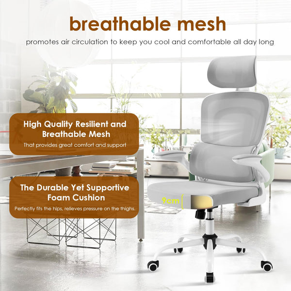 Farini Office Desk Chair with Flip-Up Armrest, High Back Ergonomic Computer Chair with Adjustable Headrest and Lumbar Support for Home and Office