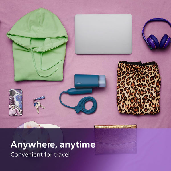 Philips 3000 Series Handheld Steamer, 1000W, 20 g/min Steam, Kills Germs, Detachable 100ml Water Tank, Compact + Foldable, Plastic Plate, Blue (STH3000/26)