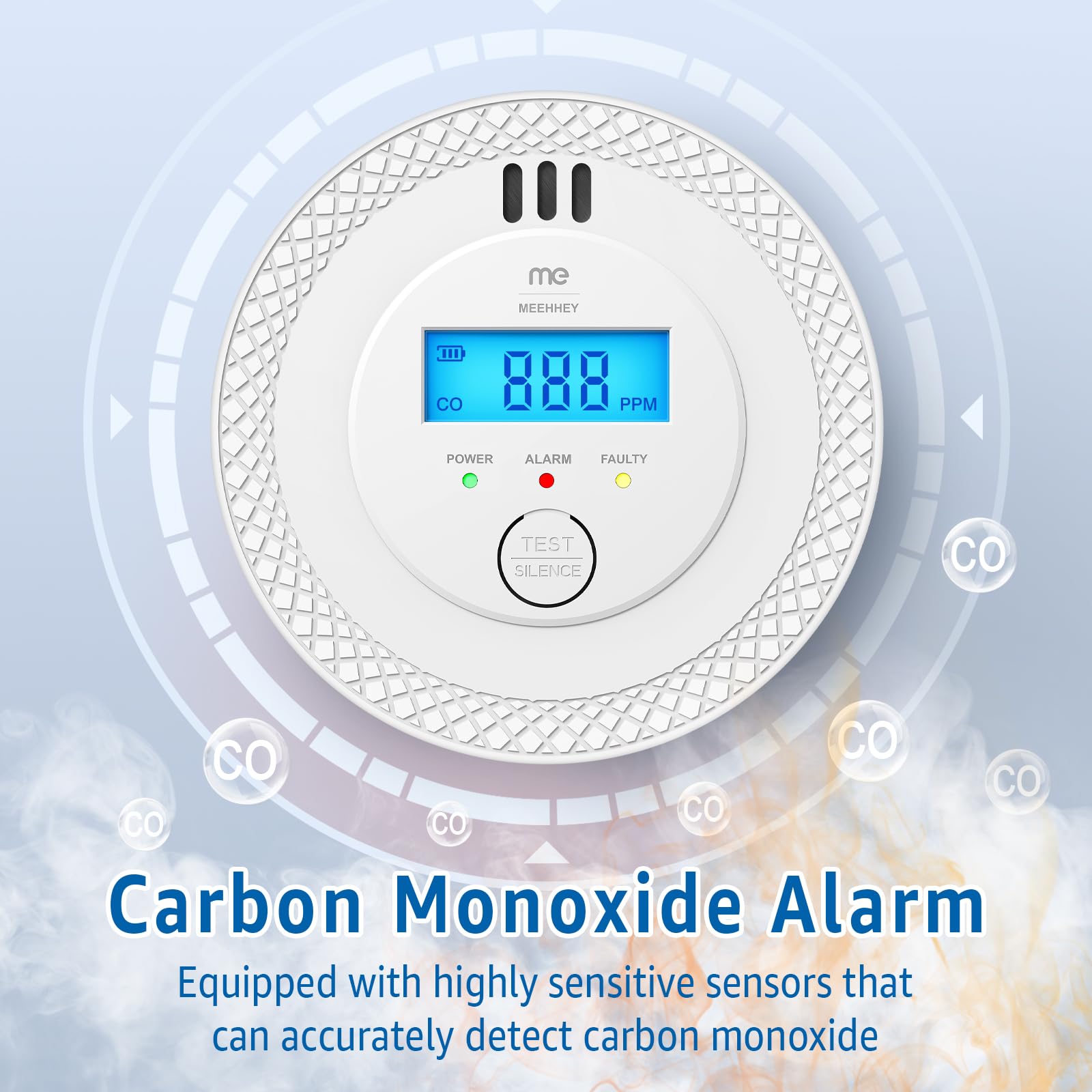 MEEHHEY Carbon Monoxide Detector, Carbon Monoxide Alarm, CO Alarm with Digital Display and Test Button, CO Detector Monitor with Replaceable Battery, Ten Years Alarm Sensor Life, AA Battery Powered