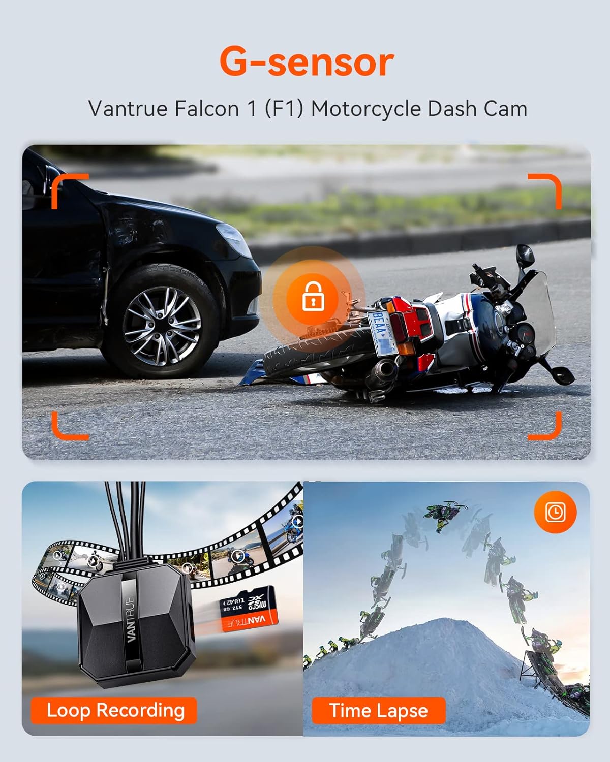 VANTRUE F1 Motorcycle Camera 4K Front and Rear 5GHz WiFi GPS HDR Waterproof, Dual Motorbike Motorcycle Dash Cam Dustproof, Motorbike Camera Dual Lens 160 Wide Anlge, 24H Parking Mode, 512GB Max