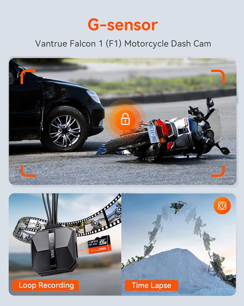 VANTRUE F1 Motorcycle Camera 4K Front and Rear 5GHz WiFi GPS HDR Waterproof, Dual Motorbike Motorcycle Dash Cam Dustproof, Motorbike Camera Dual Lens 160 Wide Anlge, 24H Parking Mode, 512GB Max