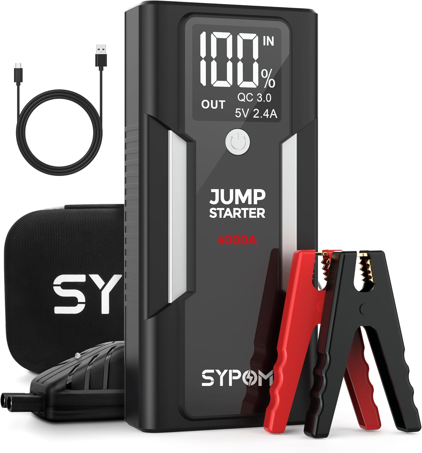 SYPOM Jump Starter, 4000A Peak Car Battery Jump Starter (for All Gas or Up to 10L Diesel), Portable Car Starter Battery Pack with Extended Smart Jumper Cables,12V Auto Jump Box with LED Light