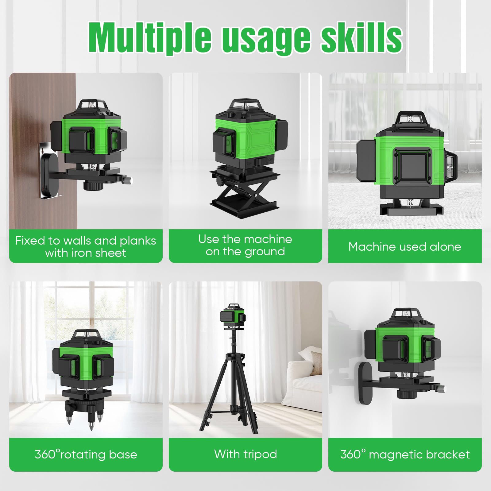 Laser Level Self Leveling 4 x 360°, 4D 16 Lines Green Professional Laser Level with 2 Batteries, Adjustable Brightness Pulse Mode, Swivel Base Remote Control Wall Bracket (with Tripod Base)