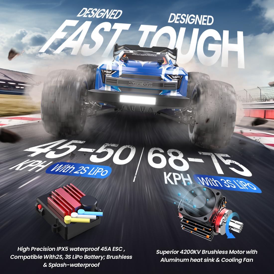 DEERC Remote Control Car 1:10 Scale RC Cars 48+ KM/H High Speed 40+Min Play, 4WD All Terrains Off Road Radio RC for Adults and Kids Hobby RC Truck Vehicle, 2 Battery Crawler Toy Gift for Boys