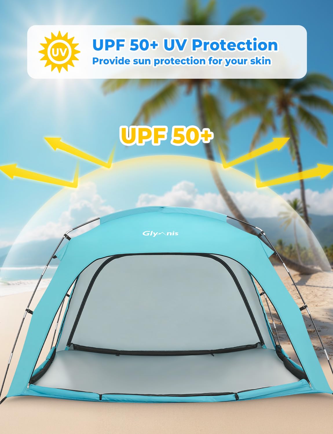 Glymnis Beach Tent Large for 3-4 Person, Portable UV Protection Beach Sun Shelter for Adults, Lightweight Sun Shade Tent for Beach, Picnic, Fishing