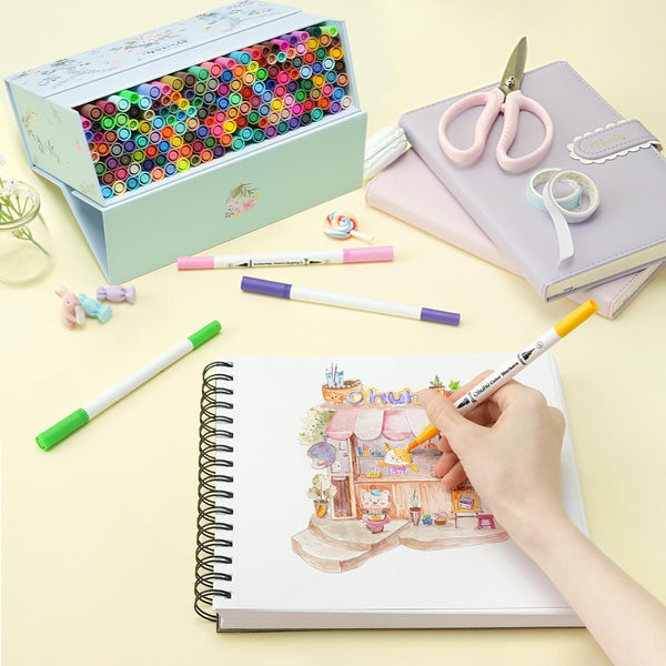 Ohuhu Colouring Pens: 160 Colours Colouring Markers with Dual Tips Fine & Brush Pens Water-Based Art Markers for Kids and Adults Drawing Sketching