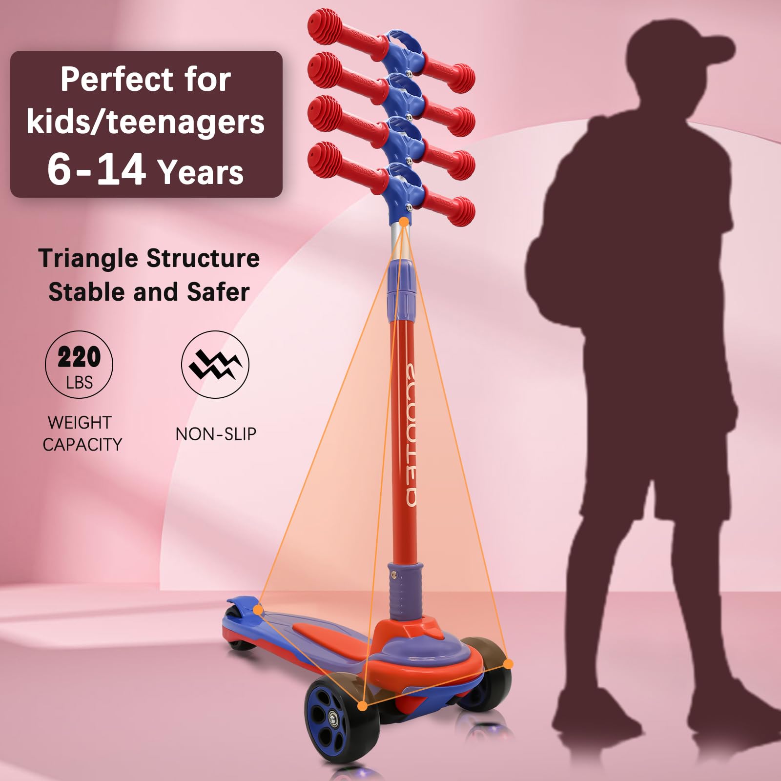 3 Wheels Kids Scooter for 5+ Years Old Boys Girls Teenager Foldable 4 Adjustable Handlebar from 32" - 40" Wide Flashing LED Wheels